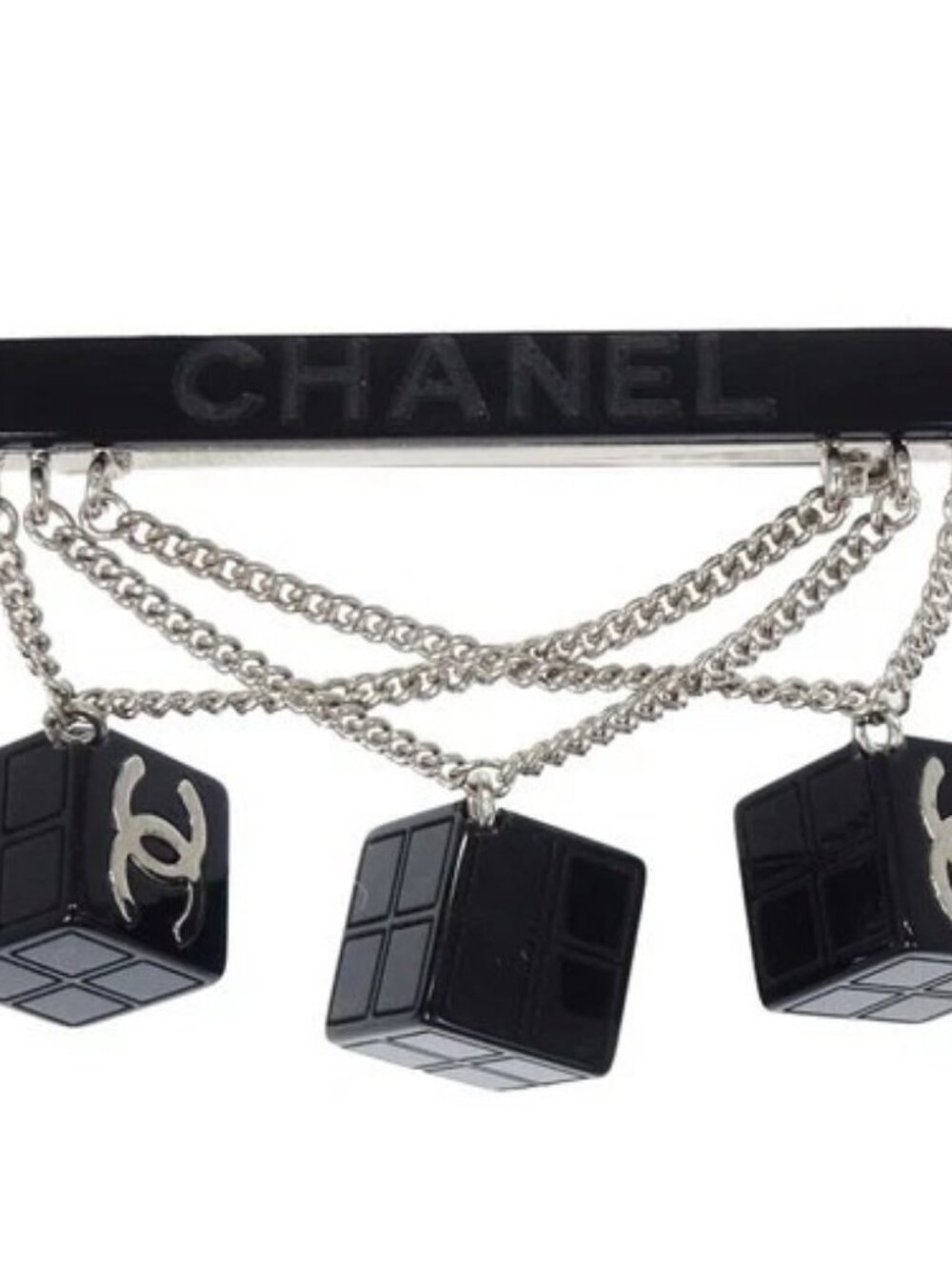Chanel Dice CC Dangle Brooch Pin Silver Black Acrylic 04S 168329